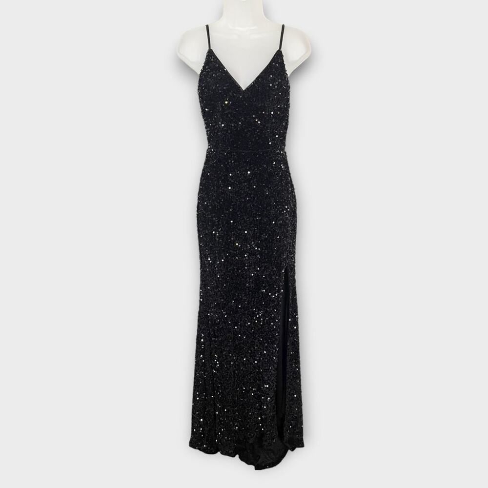 FULLY SEQUINED Black Lace-Up Back Maxi Gown Size 2 Formal Black Tie - Picture 2 of 8